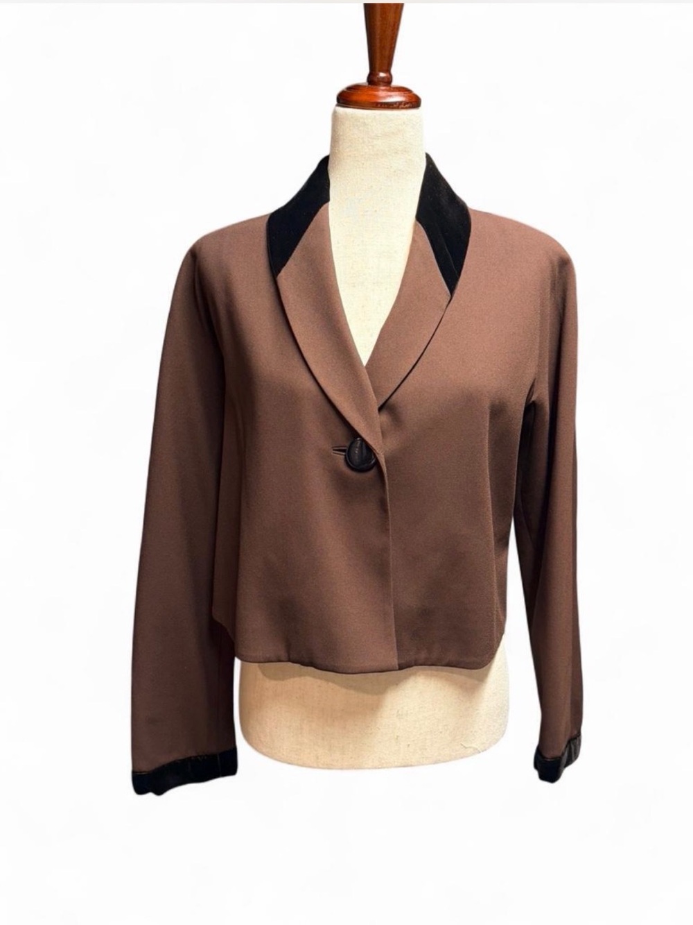 Vtg LILY SAMII Couture Cropped Blazer Brown Velvet Trim Silk‎ Blend Sz 8 Luxe